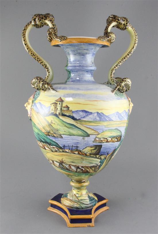 A large Italian maiolica Historiata Campana shaped urn, 20th century, 56.5cm